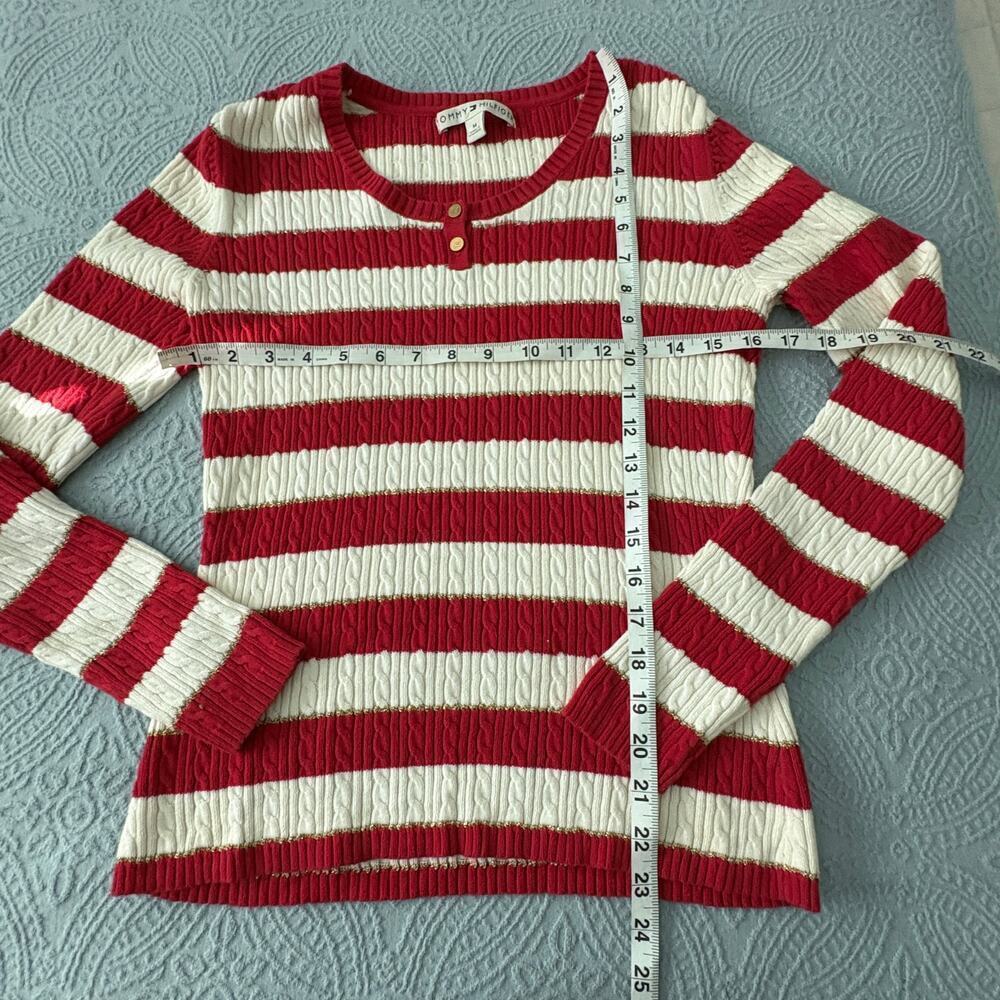 Tommy Hilfiger Stripe Cable Knit Sweater Red White Gold Medium Preppy - Picture 2 of 8